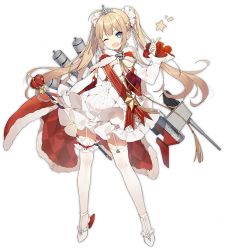 Rule 34 | 1girl, alternate costume, amazon (azur lane), amazon (little orchestra) (azur lane), azur lane, blonde hair, blue eyes, blush, dress, earrings, full body, garter straps, high heels, jewelry, long hair, looking at viewer, official art, one eye closed, open mouth, scepter, shi-chen, smile, solo, star (symbol), star earrings, thighhighs, transparent background, twintails, white dress, white thighhighs
