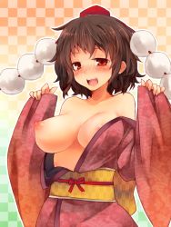 Rule 34 | 1girl, :d, alternate costume, bad id, bad pixiv id, black hair, blush, breasts, brown hair, female focus, hat, japanese clothes, kimono, large breasts, looking at viewer, nipples, obi, off shoulder, open clothes, open kimono, open mouth, oshiruko (tsume), red eyes, sash, shameimaru aya, smile, solo, tokin hat, touhou, upper body