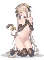 Rule 34 | 1girl, absurdly long hair, absurdres, animal ears, bell, black gloves, black thighhighs, breasts, brown hair, cat ears, cat tail, choker, closed mouth, collarbone, commentary request, deluxe&lt;&lt;&lt;, elbow gloves, full body, gloves, hair bell, hair ornament, head tilt, highres, kneeling, long hair, looking at viewer, navel, nude, original, own hands together, paw print, purple eyes, ribbon-trimmed gloves, ribbon-trimmed legwear, ribbon trim, shiny clothes, sidelocks, small breasts, solo, tail, thighhighs, twintails, very long hair