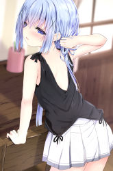 Rule 34 | 1girl, arm support, backless outfit, bare arms, bare shoulders, black shirt, blue eyes, blue hair, blurry, blurry background, blush, chair, commentary request, depth of field, gochuumon wa usagi desu ka?, hair between eyes, hair ornament, highres, indoors, kafuu chino, kouda suzu, long hair, looking at viewer, looking back, parted lips, pleated skirt, shirt, skirt, sleeveless, sleeveless shirt, solo, very long hair, white skirt, window, x hair ornament