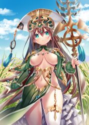 Rule 34 | 1girl, blue sky, breasts, bridal gauntlets, brown hair, clothing cutout, cloud, commentary request, commission, cowboy shot, crop top, crop top overhang, cross-shaped pupils, flower knight girl, frilled skirt, frills, gem, gluteal fold, grass, green eyes, hat, highres, holding, holding staff, large breasts, long hair, navel, navel cutout, single thighhigh, skeb commission, skirt, sky, solo, sorimura youji, staff, symbol-shaped pupils, tall grass, thighhighs, touka (flower knight girl), very long hair