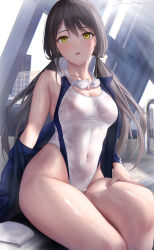 Rule 34 | 1girl, blue jacket, breasts, brown hair, collarbone, commentary, competition swimsuit, covered navel, goggles, goggles around neck, hair between eyes, hand on own thigh, highleg, highleg swimsuit, highres, jacket, long hair, looking at viewer, medium breasts, mhru, off shoulder, one-piece swimsuit, open clothes, open jacket, original, parted lips, rei no pool, single bare shoulder, sitting, solo, swimsuit, twintails, white one-piece swimsuit, yellow eyes