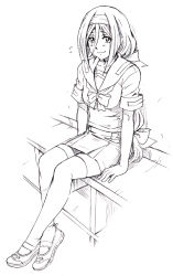 Rule 34 | 10s, 1girl, :3, bbb (friskuser), greyscale, hairband, hyouka, irisu fuyumi, lineart, long hair, monochrome, sailor collar, simple background, sitting, smile, solo, thighhighs, white background