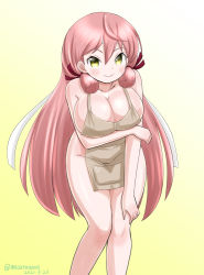 Rule 34 | 1girl, akashi (kancolle), apron, blunt tresses, breasts, brown apron, cleavage, commentary request, cowboy shot, dated, gradient background, hair ribbon, kantai collection, large breasts, leaning forward, long hair, looking at viewer, masara (chuujou), naked apron, nude, one eye closed, pink hair, ribbon, solo, standing, tress ribbon, twitter username, yellow background, yellow eyes