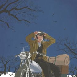 Rule 34 | 1girl, adjusting eyewear, amber389, androgynous, arms up, bare tree, belt, black hair, black jacket, black pants, blue sky, breath, brough superior, brown belt, brown coat, coat, feet out of frame, goggles, goggles on headwear, grey eyes, hat, hermes (kino no tabi), highres, jacket, kino (kino no tabi), kino no tabi, long sleeves, looking to the side, motor vehicle, motorcycle, open clothes, open coat, outdoors, pants, parted lips, shirt, short hair, simple bird, sitting, sky, snow, solo, tree, turtleneck, white shirt, winter