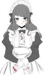 Rule 34 | 1girl, absurdres, alternate costume, asymmetrical bangs, blood, blood on clothes, blood on face, blood on hands, blunt bangs, blush, bow, bowtie, breasts, center frills, crossed wrists, diagonal bangs, dress, enmaided, frills, greyscale, highres, idolmaster, idolmaster shiny colors, juliet sleeves, long hair, long sleeves, looking at viewer, maid, maid headdress, medium breasts, monochrome, mukutarousapyon, pinafore dress, puffy sleeves, simple background, sleeveless dress, smile, solo, spot color, straight hair, tanaka mamimi, white background