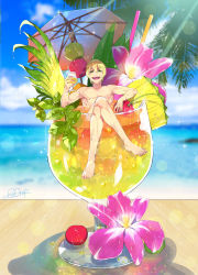 Rule 34 | 1boy, arm rest, beach, blonde hair, cherry, cocktail glass, cocktail umbrella, crossed legs, cup, day, drinking glass, fate/grand order, fate (series), flower, food, fruit, green eyes, highres, jason (fate), looking at viewer, male focus, ocean, open mouth, redrop, signature, smile, solo, textless version, umbrella, wet
