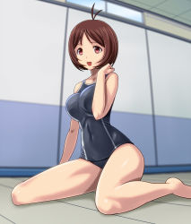 Rule 34 | 00s, 1girl, :d, antenna hair, barefoot, black one-piece swimsuit, blurry, breasts, brown eyes, brown hair, ceiling, covered navel, depth of field, double vertical stripe, from side, full body, hand on own shoulder, hidaka ai, hip focus, idolmaster, idolmaster dearly stars, indoors, large breasts, looking at viewer, muhi11234, one-piece swimsuit, open mouth, parted bangs, red eyes, school swimsuit, short hair, sitting, smile, swept bangs, swimsuit, tiles, wariza