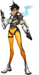 Rule 34 | 1girl, absurdres, alpha transparency, arnold tsang, black hair, character name, clothes writing, ear piercing, full body, gloves, goggles, highres, official art, overwatch, overwatch 1, piercing, short hair, smile, solo, spiked hair, standing, tracer (overwatch), transparent background