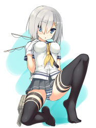 Rule 34 | 10s, 1girl, alternate legwear, blue eyes, breasts, feet, full body, gloves, hair over one eye, hamakaze (kancolle), highres, kantai collection, large breasts, no shoes, ochinsama, panties, personification, school uniform, serafuku, short hair, silver hair, solo, striped clothes, striped panties, thighhighs, toes, underwear, white gloves