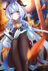 Rule 34 | 1girl, absurdres, ahoge, autumn leaves, bare shoulders, bell, black gloves, black pantyhose, blue hair, blush, book, detached sleeves, ganyu (genshin impact), genshin impact, gloves, highres, horns, long hair, looking at viewer, neck bell, night, odecono3, pantyhose, purple eyes, sidelocks, sitting, smile, solo, white sleeves