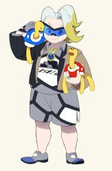 Rule 34 | 1boy, absurdres, alternate color, black-framed eyewear, blonde hair, blue eyes, brown jacket, closed mouth, collared shirt, commentary request, creatures (company), game freak, gen 2 pokemon, gordie (pokemon), grey footwear, grey shirt, grey shorts, highres, holding, holding pokemon, jacket, jewelry, knees, male focus, mira (miramita8727), multicolored hair, necklace, nintendo, open clothes, open jacket, pokemon, pokemon (creature), pokemon swsh, ring, shiny and normal, shiny pokemon, shirt, shoes, short hair, shorts, shuckle, side slit, side slit shorts, smile, sunglasses, two-tone hair
