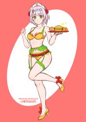 Rule 34 | 1girl, artist name, bare shoulders, blush, bra, braid, braided bangs, burbur, burger, closed mouth, collarbone, commentary, embarrassed, english commentary, eyebrows, fast food, flower, food, full body, garter belt, genshin impact, green eyes, hair flower, hair ornament, happy, high heels, highres, holding, holding tray, leg lift, leg up, lettuce, light smile, lingerie, looking at viewer, maid, maid headdress, mixed-language commentary, nervous, noelle (genshin impact), object on head, panties, red flower, red ribbon, red rose, ribbon, rose, shoes, short hair, shy, simple background, smile, standing, standing on one leg, tray, underwear, underwear only, waitress, white legwear, yellow bra, yellow footwear