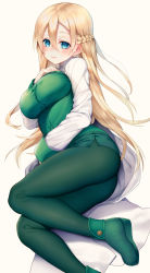 Rule 34 | 1girl, absurdres, ass, blonde hair, blue eyes, blush, braid, breasts, closed mouth, commentary request, french braid, green footwear, green pantyhose, green skirt, green vest, hair between eyes, hand on own chest, highres, hime gyo, large breasts, long hair, long sleeves, looking at viewer, lying, miniskirt, mint (summon night), mole, mole under eye, office lady, on side, pantyhose, pencil skirt, shirt, shoes, skirt, smile, solo, summon night, summon night 4, vest, white shirt