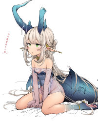 Rule 34 | 1girl, absurdres, anklet, bare shoulders, barefoot, blush, breasts, broken horn, chinese text, dragon girl, earrings, green eyes, highres, horns, jewelry, long hair, miao yao cha, original, platinum blonde hair, pointy ears, see-through, sitting, small breasts, solo, tail, wariza, wings