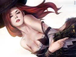 Rule 34 | 1girl, breasts, cleavage, destincelly, female focus, gun, hat, league of legends, looking at viewer, realistic, red eyes, miss fortune (league of legends), solo, tattoo, weapon, white theme, witch hat