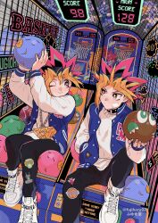 Rule 34 | 2boys, arcade, ball, basketball, basketball hoop, black pants, blue jacket, chain necklace, character request, foot out of frame, fujiharu (akamine), highres, holding, holding ball, indoors, jacket, jewelry, kuriboh, male focus, multicolored hair, multiple boys, mutou yuugi, necklace, pants, sitting, spiked hair, sticker, twitter username, white footwear, white sneakers, yami yuugi, yu-gi-oh!, yu-gi-oh! duel monsters