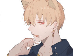 Rule 34 | 1boy, animal ears, blonde hair, cat ears, collared shirt, commentary request, earrings, fang, fate/grand order, fate (series), gilgamesh (fate), highres, jewelry, male focus, open mouth, red eyes, shirt, short hair, shu (oshigoto boshuuchuu), simple background, single earring, skin fang, solo, white background