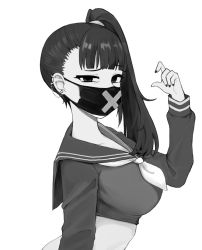 Rule 34 | 1girl, blue archive, blunt bangs, crop top, delinquent, from side, greyscale, long hair, looking at viewer, looking to the side, mask, monochrome, mouth mask, nago purin, sailor collar, shirt, side ponytail, simple background, solo, sukeban, sukeban (smg) (blue archive), upper body, white background