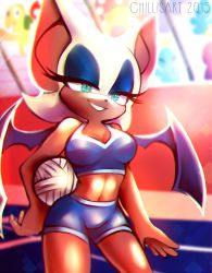 Rule 34 | 1girl, alternate costume, animal ears, aqua eyes, artist name, ball, bare shoulders, bat ears, bat wings, bike shorts, blue eyeshadow, breasts, chromatic aberration, cleavage, cowboy shot, dated, eyeshadow, female focus, furry, furry female, half-closed eyes, hand on own hip, highres, holding, holding ball, indoors, makeup, mario &amp; sonic at the olympic games, mario &amp; sonic at the rio 2016 olympic games, medium breasts, midriff, navel, playing sports, rouge the bat, shiny skin, short hair, solo, sonic (series), spacecolonie, sports bra, sportswear, standing, volleyball, volleyball (object), watermark, white hair, wings