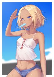 Rule 34 | 1girl, absurdres, arm up, bare arms, bare shoulders, blonde hair, blue eyes, blue shorts, blurry, blurry background, blush, breasts, camisole, collarbone, commentary request, crop top, dark-skinned female, dark skin, day, depth of field, eyewear hang, unworn eyewear, food, food in mouth, forehead, glasses, highres, mouth hold, navel, open clothes, open fly, open shorts, original, popsicle, red-framed eyewear, sasakura momiji, semi-rimless eyewear, short eyebrows, short hair, short shorts, shorts, small breasts, solo, summer, sweat, thick eyebrows, under-rim eyewear, v-shaped eyebrows, white camisole