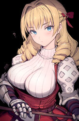 Rule 34 | 1girl, ?, armor, blonde hair, blue eyes, blush, bow, breasts, brown hair, closed mouth, gauntlets, hair between eyes, hair bow, hair ribbon, haoni, highres, large breasts, long hair, long sleeves, looking at viewer, polearm, puffy long sleeves, puffy sleeves, red bow, red skirt, ribbed sweater, ribbon, scarlett (unicorn overlord), skirt, solo, suspender skirt, suspenders, sweater, turtleneck, turtleneck sweater, unicorn overlord, weapon, white sweater