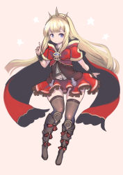 Rule 34 | 1girl, black footwear, black thighhighs, blonde hair, blue eyes, boots, cagliostro (granblue fantasy), cape, commentary request, flat chest, frilled skirt, frills, full body, granblue fantasy, hairband, highres, index finger raised, johan (johan13), knee boots, long hair, looking at viewer, red cape, red skirt, skirt, smile, solo, spiked hairband, spikes, star (symbol), starry background, thigh gap, thighhighs, zettai ryouiki