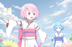 Rule 34 | 10s, 2girls, :o, absurdres, aged down, blue eyes, blue hair, blue sky, child, chinese commentary, cloud, commentary request, day, detached sleeves, field, flower, flower field, hair flower, hair ornament, highres, japanese clothes, kimono, kujou kyu, long sleeves, multiple girls, obi, open mouth, outdoors, outstretched arm, petals, pink eyes, pink hair, pink ribbon, pointing, pointing to the side, purple ribbon, ram (re:zero), re:zero kara hajimeru isekai seikatsu, rem (re:zero), ribbon, sash, short hair, siblings, sisters, sky, standing, sun, twins, wide sleeves, x hair ornament