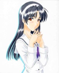 Rule 34 | 1girl, black hair, blush, brown eyes, character request, copyright request, dress, female focus, long hair, looking at viewer, sailor collar, school uniform, simple background, solo, tagme, tayun (artist), upper body, white background