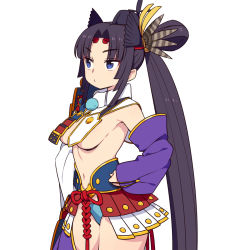 Rule 34 | 1girl, armor, asymmetrical sleeves, black hair, black hat, blue eyes, blue panties, breasts, chan co, cowboy shot, detached sleeves, fate/grand order, fate (series), feather hair ornament, feathers, hair ornament, hand on own hip, hat, highres, japanese armor, japanese clothes, kusazuri, long hair, looking to the side, medium breasts, mismatched sleeves, navel, panties, parted bangs, ponytail, revealing clothes, side ponytail, simple background, solo, underwear, ushiwakamaru (fate), very long hair, white background
