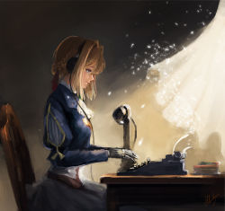 Rule 34 | 1girl, arise (allicenogalca), blonde hair, blue eyes, braid, braided bun, chair, curtains, from side, hair bun, hair ribbon, headphones, highres, mechanical hands, profile, prosthesis, prosthetic hand, ribbon, signature, single hair bun, single mechanical hand, sitting, smile, solo, table, typewriter, typing, violet evergarden, violet evergarden (series)