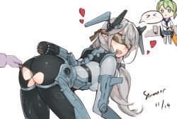 Rule 34 | 1girl, ass, blindfold, bodysuit, camouflage, commentary request, dated, grey hair, j-10b, mecha musume, nib pen (medium), original, pointy ears, pussy juice, robot ears, saliva, short twintails, signature, solo focus, spoken expression, stmast, torn bodysuit, torn clothes, traditional media, twintails, white background
