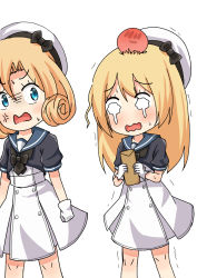 Rule 34 | 2girls, anger vein, angry, blonde hair, blue eyes, blue sailor collar, comiching, crying, crying with eyes open, dress, envelope, feet out of frame, gloves, hair between eyes, hat, head bump, highres, holding, holding envelope, janus (kancolle), jervis (kancolle), kantai collection, long hair, multiple girls, open mouth, sailor collar, sailor hat, short sleeves, simple background, tears, white background, white dress, white gloves, white headwear
