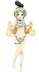 Rule 34 | 1girl, adapted costume, arm garter, bandeau, bare arms, bare legs, bare shoulders, blush, bow, breasts, commentary, detached collar, frilled shirt collar, frills, full body, green eyes, green hair, groin, hair bobbles, hair ornament, hat, highres, holding, bridal garter, looking at viewer, maturiuta sorato, midriff, navel, open mouth, ribbon, shawl, short hair, short hair with long locks, simple background, small breasts, smile, solo, standing, teireida mai, touhou, white background, wrist cuffs, yellow bow, yellow ribbon