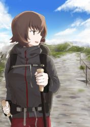 Rule 34 | 1girl, absurdres, backpack, bag, blue sky, brown eyes, brown hair, casual, cloud, cloudy sky, commentary, day, dirt road, girls und panzer, grey jacket, highres, holding, horizon, jacket, long sleeves, looking to the side, nishizumi maho, open mouth, oritako, outdoors, road, short hair, ski pole, sky, smile, solo, standing