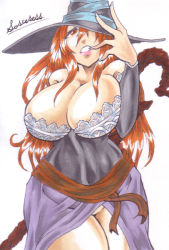 Rule 34 | 1girl, artist request, bare shoulders, breasts, brown eyes, brown hair, character name, cleavage, curvy, detached sleeves, dragon&#039;s crown, dress, hair over one eye, hat, hat over one eye, huge breasts, large breasts, long hair, no panties, one eye covered, side slit, solo, sorceress (dragon&#039;s crown), staff, strapless, strapless dress, vanillaware, weapon, witch hat