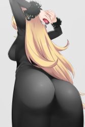 Rule 34 | 1girl, absurdres, arms behind head, arms up, ass, backboob, bad id, bad pixiv id, black dress, blonde hair, breasts, creatures (company), cynthia (pokemon), dress, from behind, from below, game freak, hair ornament, highres, hip focus, large breasts, long sleeves, nintendo, poke ball, pokemon, pokemon dppt, shanghongyecun, sideboob, solo, wide hips