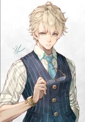 1boy ahoge aladdin_(sinoalice) blonde_hair blouse blue_eyes blue_necktie blue_vest buttons closed_mouth collared_shirt commentary_request contemporary glasses grey_background hair_between_eyes highres holding holding_removed_eyewear hoshizaki_reita looking_at_viewer male_focus necktie over-rim_eyewear parted_lips pinstripe_pattern pinstripe_vest semi-rimless_eyewear shirt signature sinoalice solo striped_clothes striped_shirt striped_vest unworn_eyewear upper_body vest watch white_shirt wing_collar wristwatch