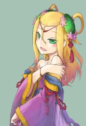 Rule 34 | 1girl, absurdres, bare shoulders, blonde hair, blush, bracelet, circlet, collarbone, colored eyelashes, eyes visible through hair, fang, flower, green background, green eyes, hair flower, hair ornament, hair rings, highres, jewelry, long hair, long sleeves, meimei (p&amp;d), nightwing brandytea, off shoulder, open mouth, puzzle &amp; dragons, simple background, sleeves past wrists, smile, solo, turtle shell