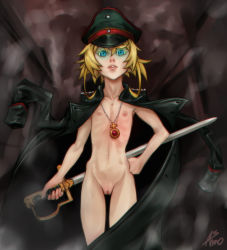 Rule 34 | 10s, 1girl, artist name, asmo deus, blonde hair, blue eyes, cleft of venus, collarbone, female focus, flat chest, groin, hat, holding, holding weapon, jewelry, looking at viewer, military, military hat, military uniform, necklace, pussy, solo, standing, sword, tanya degurechaff, uncensored, uniform, weapon, youjo senki
