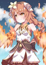 Rule 34 | 1girl, armpits, blush, breasts, brown eyes, brown hair, closed mouth, cloud, commentary request, feathers, fenie (granblue fantasy), flower, granblue fantasy, hair ornament, headband, highres, long braid, long hair, sleeveless, small breasts, syalm