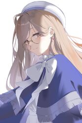 Rule 34 | 1girl, absurdres, bespectacled, blue capelet, blush, bow, brown eyes, brown hair, capelet, chain earrings, commentary request, drop earrings, earrings, glasses, hat, highres, jewelry, keya (user pnkz5883), long hair, sense (sousou no frieren), simple background, smile, solo, sousou no frieren, very long hair, white background, white bow, yellow-framed eyewear