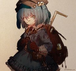 Rule 34 | 1girl, 2015, backpack, bad id, bad twitter id, bag, blue eyes, blue hair, brown gloves, cinkai, dated, gloves, hair bobbles, hair ornament, hat, kawashiro nitori, long sleeves, matching hair/eyes, shirt, short hair, simple background, skirt, skirt set, smile, solo, touhou, twintails, twitter username, two side up, vest