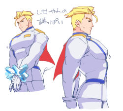 Rule 34 | arms behind back, blonde hair, bound, bound wrists, cape, capelet, closed mouth, gloves, jacket, kray foresight, male focus, pants, promare, red cape, restrained, sagemaru-br, simple background, skin tight, solo, sweatdrop, uniform, white background, white gloves, white jacket, white pants