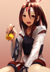 Rule 34 | 10s, 1girl, :d, akabane rin, brown eyes, brown hair, chopsticks, commentary, cowboy shot, food, grey hair, hachimaki, hair ribbon, headband, high ponytail, holding, holding chopsticks, japanese clothes, kantai collection, long hair, looking at viewer, muneate, omelet, open mouth, ponytail, ribbon, simple background, sitting, smile, solo, spread legs, tamagoyaki, zuihou (kancolle)