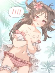Rule 34 | 1girl, animal ears, arknights, bikini, blue sky, blush, bridal garter, brown hair, collarbone, covering privates, covering breasts, cowboy shot, day, dress, dutch angle, eyjafjalla (arknights), eyjafjalla (summer flower) (arknights), flower, hair flower, hair ornament, hands up, highres, horns, long hair, looking at viewer, navel, off-shoulder dress, off shoulder, official alternate costume, open mouth, outdoors, palm tree, pink bikini, pink eyes, pink flower, plaid, plaid bikini, sarong, sheep ears, sheep girl, sheep horns, sky, solo, speech bubble, spoken blush, swimsuit, tififox, tree, white sarong