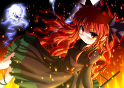 Rule 34 | 1girl, alternate hairstyle, animal ears, cat ears, cat girl, extra ears, fang, female focus, fire, floating skull, hair down, highres, inyucchi, kaenbyou rin, looking at viewer, pointy ears, red eyes, red hair, skull, solo, touhou, wheelbarrow
