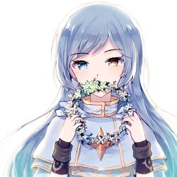 Rule 34 | 1girl, blue eyes, blue hair, blush, bright pupils, brown eyes, capelet, covering own mouth, eyelashes, flower wreath, heterochromia, holding, long hair, long sleeves, looking at viewer, luminous (maplestory), maplestory, mechuragi, parted bangs, solo, straight hair, tsurime, upper body, wreath, wristband
