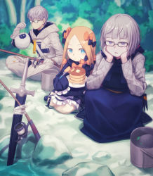 Rule 34 | 1boy, 2girls, abigail williams (fate), absurdres, blonde hair, blue eyes, bow, daisi gi, dress, fate/grand order, fate (series), fishing rod, food, glasses, gloves, grey hair, hair bow, highres, hood, jacques de molay (foreigner) (fate), jacques de molay (saber) (fate), multiple girls, opaque glasses, pancake, purple eyes, riverbank, shield, sitting, sleeves past fingers, sleeves past wrists, sweatdrop, sword, weapon, white gloves