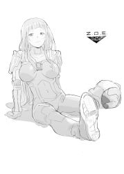 Rule 34 | 1girl, arm support, bad id, bad pixiv id, blunt bangs, bodysuit, breasts, breasts apart, closed mouth, copyright name, covered navel, eyebrows, full body, greyscale, highres, ken marinaris, large breasts, long hair, monochrome, oishii ishiwata, pilot suit, shoulder pads, sidelocks, simple background, sitting, solo, straight hair, turtleneck, very long hair, white background, zone of the enders, zone of the enders 2
